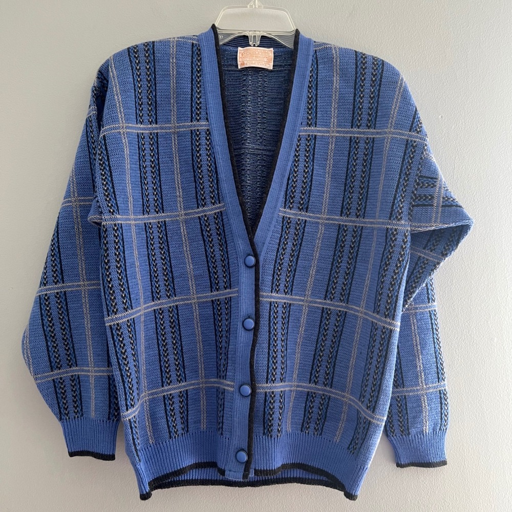 Vintage Pendleton Blue Plaid Virgin Wool Cardigan Sweater Womens Medium USA Made